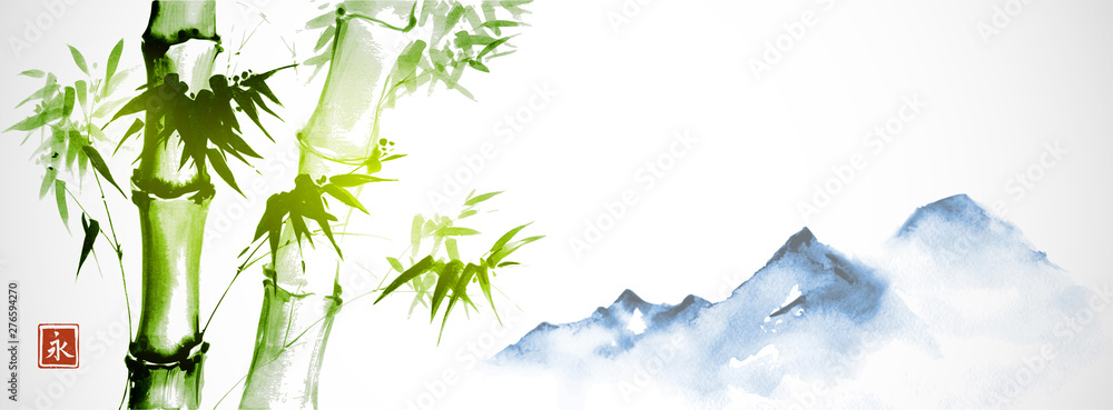 Fototapeta Zielony bambus i dalekie błękitne góry na białym tle. Tradycyjny japoński atrament płuczkowy maluje sumi-e. Hieroglif - wieczność.