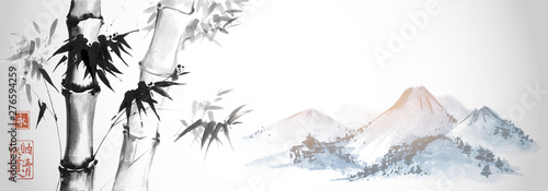 Fototapeta Bambusowi drzewa i dalekie błękitne góry na białym tle. Tradycyjne japońskie malowanie tuszem sumi-e. Hieroglify - wieczność. wolność, jasność, droga.