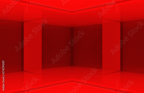3d rendering. modern design red panel box corner wall background.