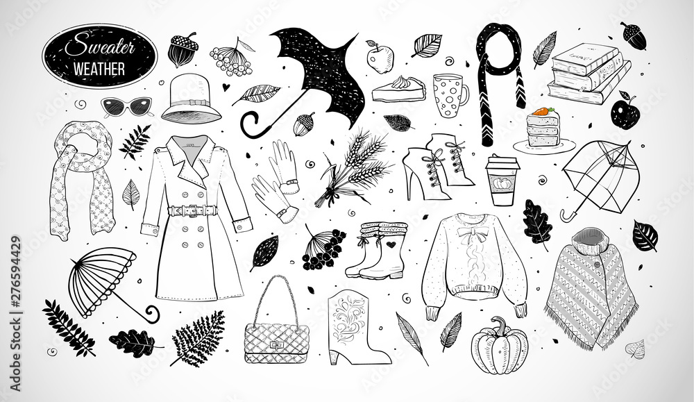 Obraz premium Collection of autumn style doodles. Fashion illustration of autumn outfit