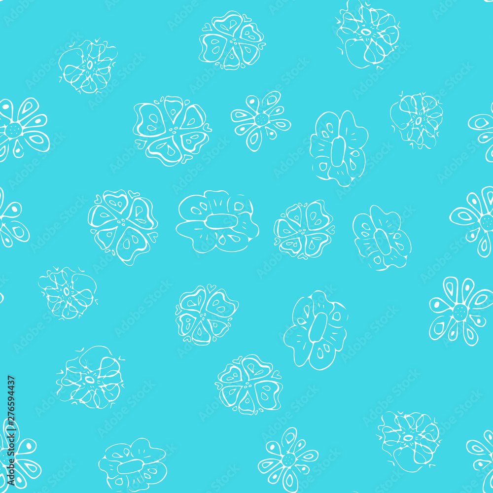 Outline doodle seamless flowers in line art style on blue background. Outline floral seamless pattern. Cute simple design. Hand drawn style pattern. Vector illustration art Outline doodle seamless flowers in line art style on blue background. Outline floral seamless pattern. Cute simple design. Hand drawn style pattern. Vector illustration art