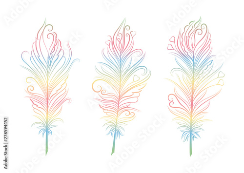 Set of colorful feather. Vector illustration.