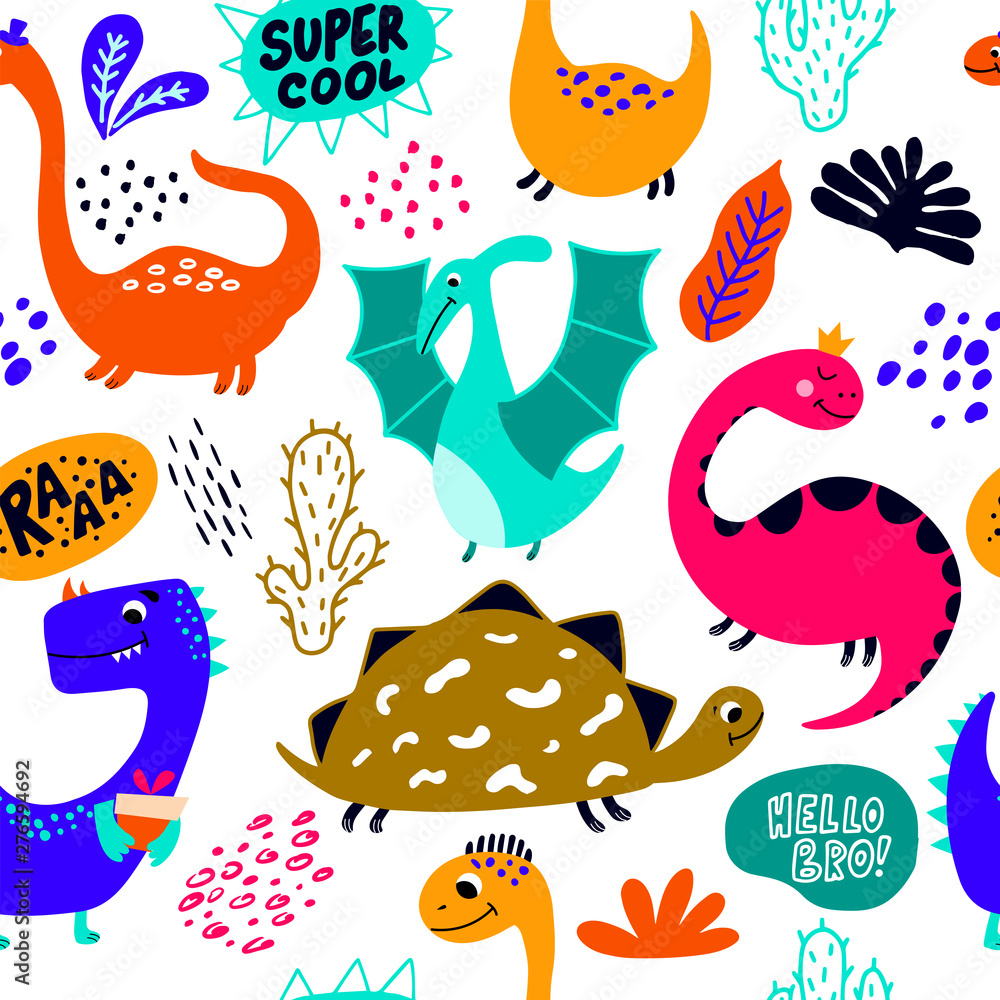 Hand drawn seamless pattern with funny dinosaurs.