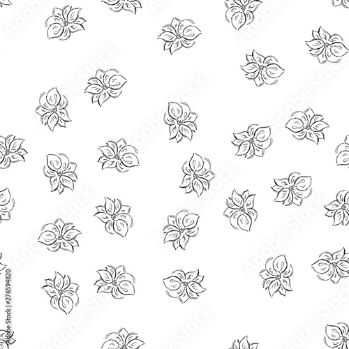Seamless hand drawn pattern of abstract rose flowers isolated on white background. Vector floral illustration. Outline floral seamless pattern. Outline