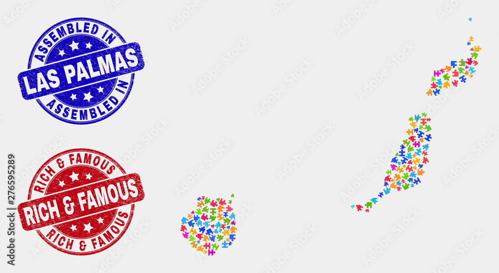 Component Las Palmas Province map and blue Assembled seal stamp, and Rich & Famous grunge seal stamp. Colorful vector Las Palmas Province map mosaic of puzzle elements. Component Las Palmas Province map and blue Assembled seal stamp, and Rich & Famous grunge seal stamp. Colorful vector Las Palmas Province map mosaic of puzzle elements.