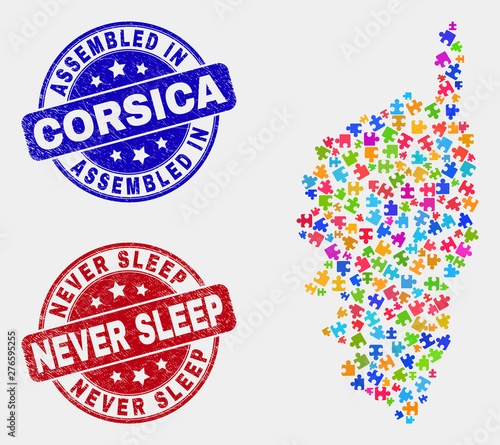 Bundle Corsica map and blue Assembled stamp, and Never Sleep scratched seal stamp. Colorful vector Corsica map mosaic of bundle modules. Red rounded Never Sleep seal. © Evgeny