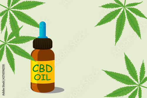 Hand drawn bottle of cbd oil and marijuana leaves with negative space. Flat vector background