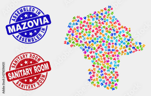 Puzzle Mazovia Province map and blue Assembled seal, and Sanitary Room scratched seal. Bright vector Mazovia Province map mosaic of puzzle components. Red round Sanitary Room badge.