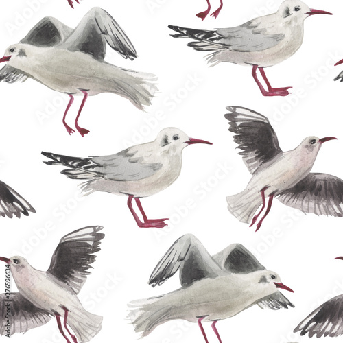 Watercolor seamless pattern of seagulls. On the topic of outdoor activities on the coast near the water. Summer mood in a composition on a white background.