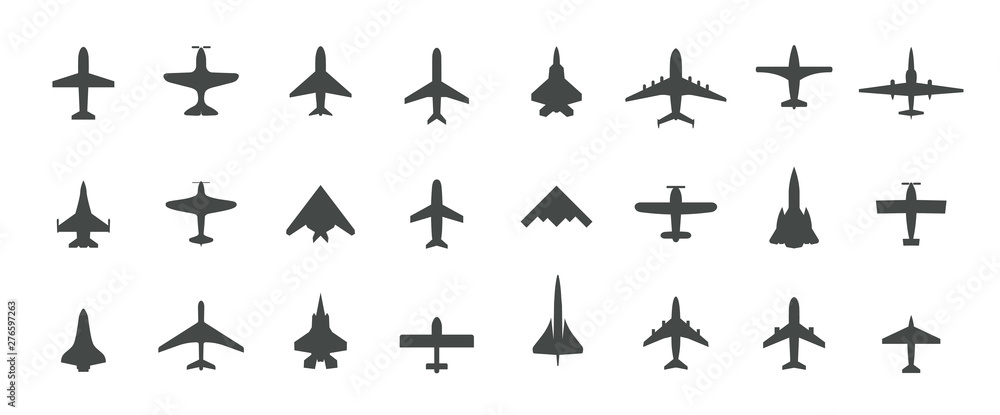 Aircraft top view icon set. Set of black silhouette airplanes, jets, airliners and retro planes icons. Isolated vector logos template on white background. Aircraft top view icon set. Set of black silhouette airplanes, jets, airliners and retro planes icons. Isolated vector logos template on white background.