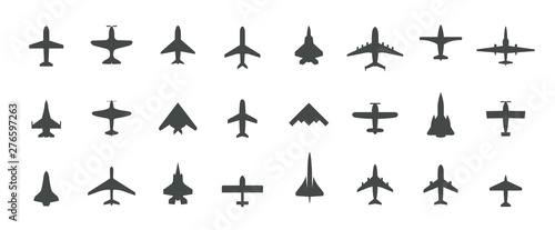 Aircraft top view icon set. Set of black silhouette airplanes  jets  airliners and retro planes icons. Isolated vector logos template on white background.