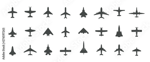 Aircraft top view icon set. Set of black silhouette airplanes, jets, airliners and retro planes icons. Isolated vector logos template on white background.