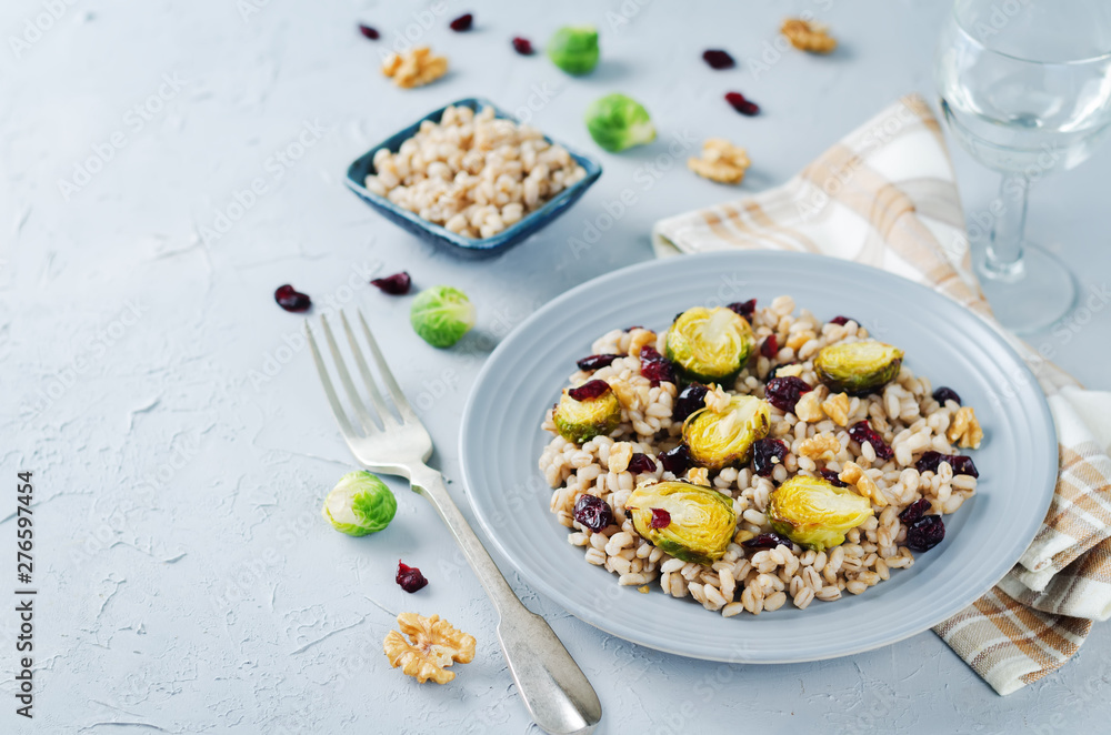 Roasted Brussels sprouts dried cranberries walnuts barley salad Roasted Brussels sprouts dried cranberries walnuts barley salad