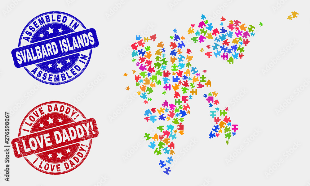 Element Svalbard Islands map and blue Assembled stamp, and I Love Daddy! scratched seal stamp. Colored vector Svalbard Islands map mosaic of bundle parts. Red rounded I Love Daddy! rubber. Element Svalbard Islands map and blue Assembled stamp, and I Love Daddy! scratched seal stamp. Colored vector Svalbard Islands map mosaic of bundle parts. Red rounded I Love Daddy! rubber.