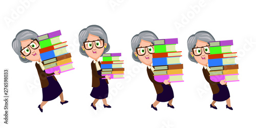 Senior woman in knitted jacket holding books and going to somewhere. Smiling elderly teacher, librarian carrying workbooks. Set of cute grannies. Vector cartoon isolated on white background.