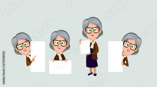 Set with cute grandmother, who are on top, at the right and at the left of paper sheets, white boards. Smiling senior teacher holding empty banner. Template, place for text. Cartoon vector.