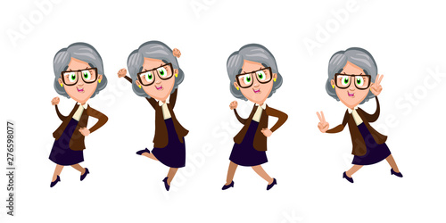 Cheerful grandmother in knitted jacket and skirt dancing, jumping and having fun. Positive senior teacher showing peace, victory gesture. Cartoon vector set isolated on white background.