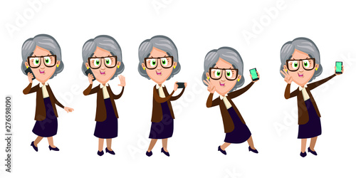 Senior woman using modern technologies, gadgets and devices. Elderly teacher speaking by cellphone. Lady pensioner taking selfies with smartphone. Vector cartoon clipart isolated on white background.