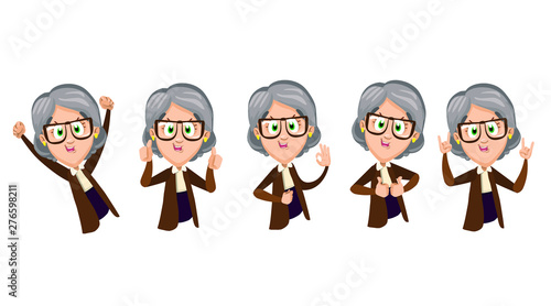 Granny having fun. Set with elderly laughing woman waist deep showing different gestures: thumb up, like, victory, peace, heavy metal, sign of the horns. Vector illustration isolated on white.