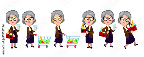 Set of senior joyful lady making purchases with shopping cart or basket. Joyful granny bying foodstuffs. Daily routine concept. Cartoon vector illustration isolated on white background.