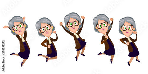 Set with smiling aged woman jumping for joy, running, skipping. Senior spectacled lady in knitted jacket and skirt hearing good news. Cartoon vector clipart isolated on white background.
