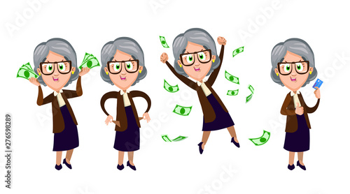 Cartoon vector set related with financial circumstances of elderly women. Smiling granny keeping much money or plastic card in hands, turning out empty pockets, jumping for joy among banknotes.