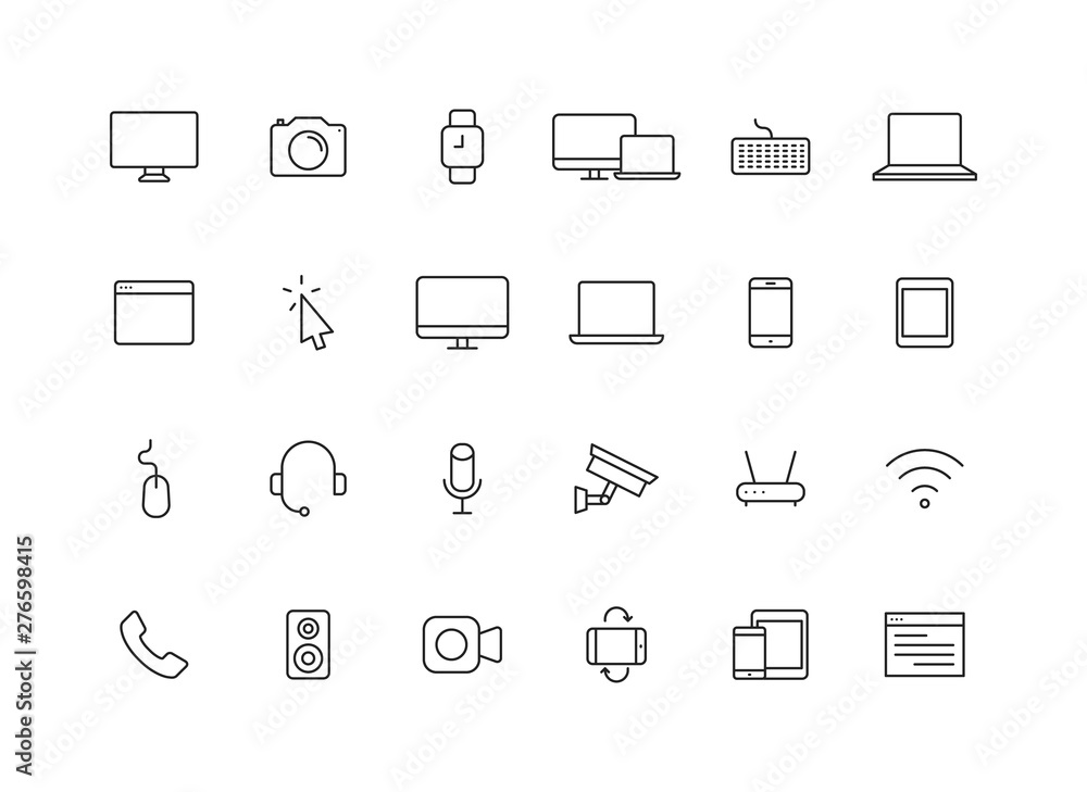 Set of 24 Device and technology web icons in line style. Computer monitor, smartphone, tablet and laptop. Vector illustration.