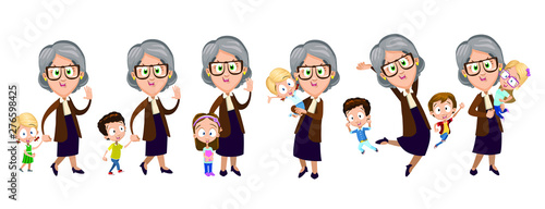 Set with cute grandmother walking with kids. Senior lady, babysitter or childminder caring about little boys and girls. Smiling granny holding toddler on arms. Vector cartoon isolated on white.