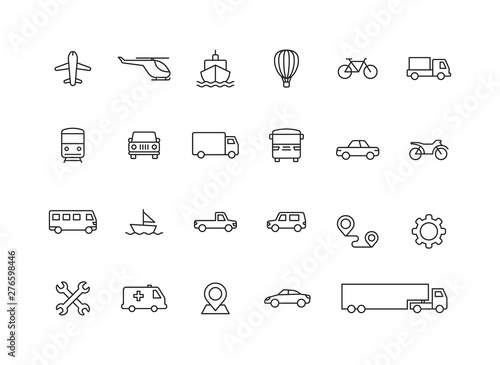 Set of 24 Transport web icons in line style. Train, Airplane, car, bus, helicopter, bike. Vector illustration.