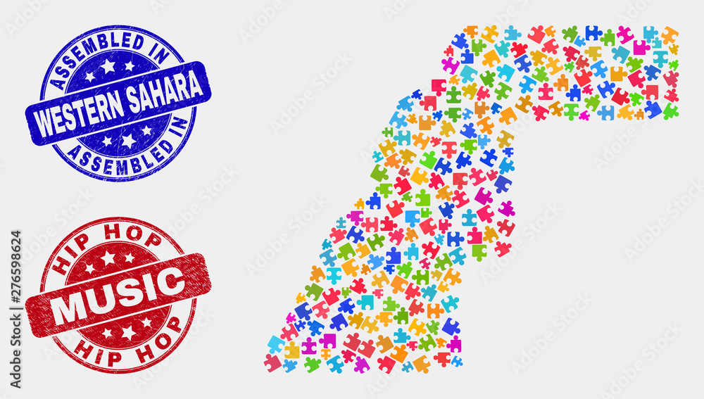 Assemble Western Sahara map and blue Assembled stamp, and Hip Hop Music textured stamp. Colorful vector Western Sahara map mosaic of puzzle parts. Red round Hip Hop Music stamp. Assemble Western Sahara map and blue Assembled stamp, and Hip Hop Music textured stamp. Colorful vector Western Sahara map mosaic of puzzle parts. Red round Hip Hop Music stamp.