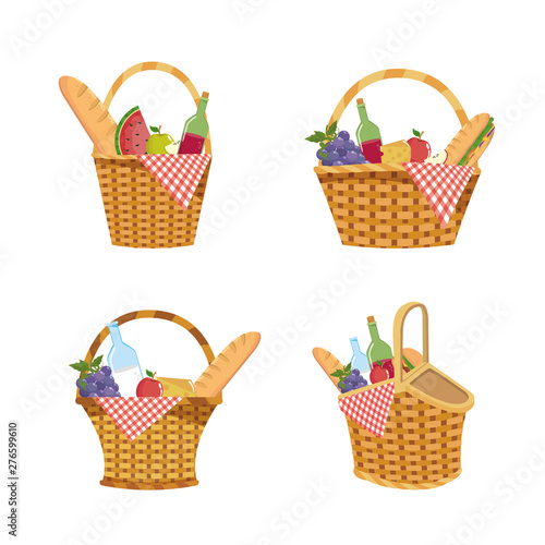 set of hamper with food and tablecloth decoration