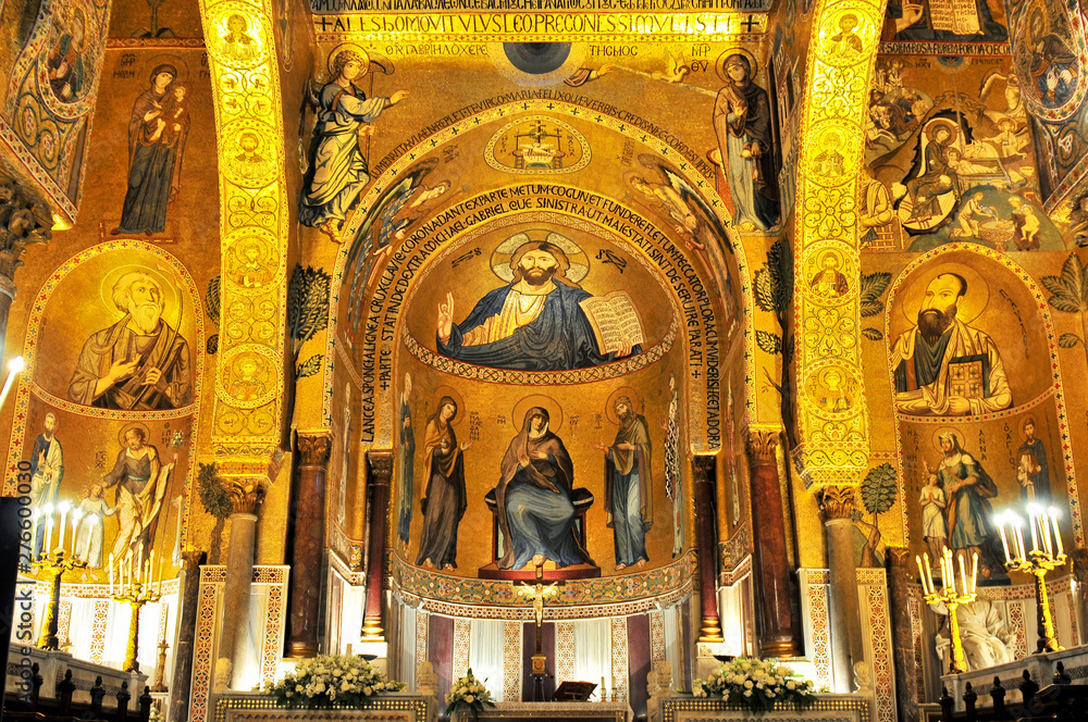 Golden mosaic in La Martorana church in Palermo Italy.