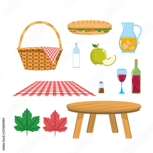 set of hamper with tablecloth and table with food