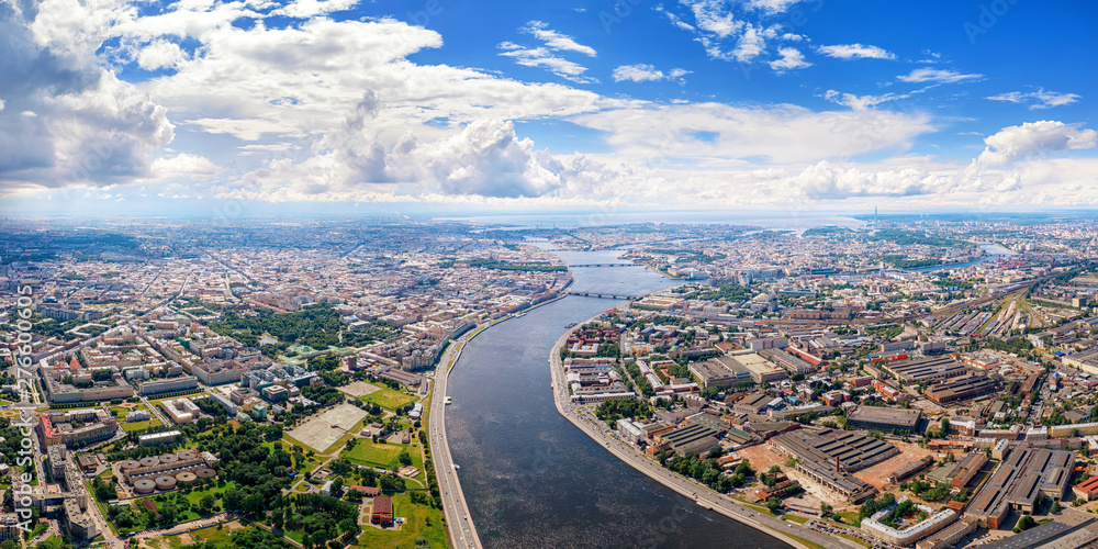 Aerial panoramic view of Neva river in Saint Petersburg, Russia