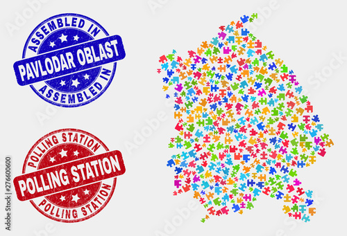 Module Pavlodar Region map and blue Assembled seal stamp, and Polling Station distress seal stamp. Colored vector Pavlodar Region map mosaic of bundle units. Red rounded Polling Station stamp.