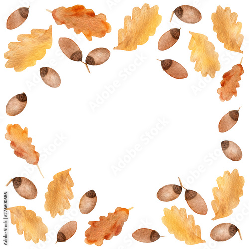 Watercolor autumn frame of oak branches with leaves and acorns. Autumn illustration for beautiful design of wedding invitations, holiday greetings, posters, packages with space for text.