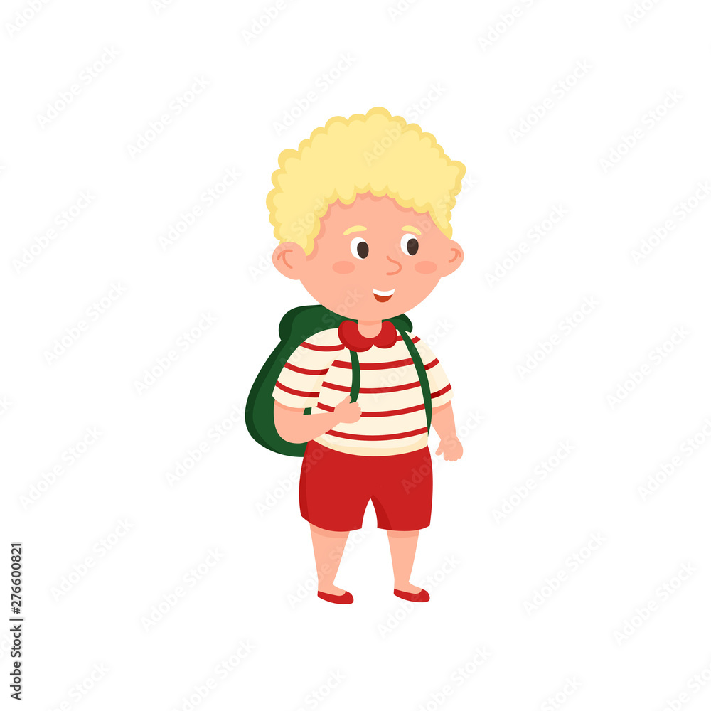 Blonde hair school boy with red shorts and striped tshirt Blonde hair school boy with red shorts and striped tshirt