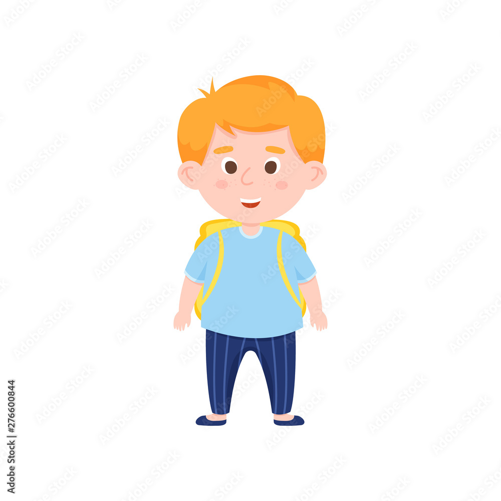 Red hair funny school boy with yellow backpack