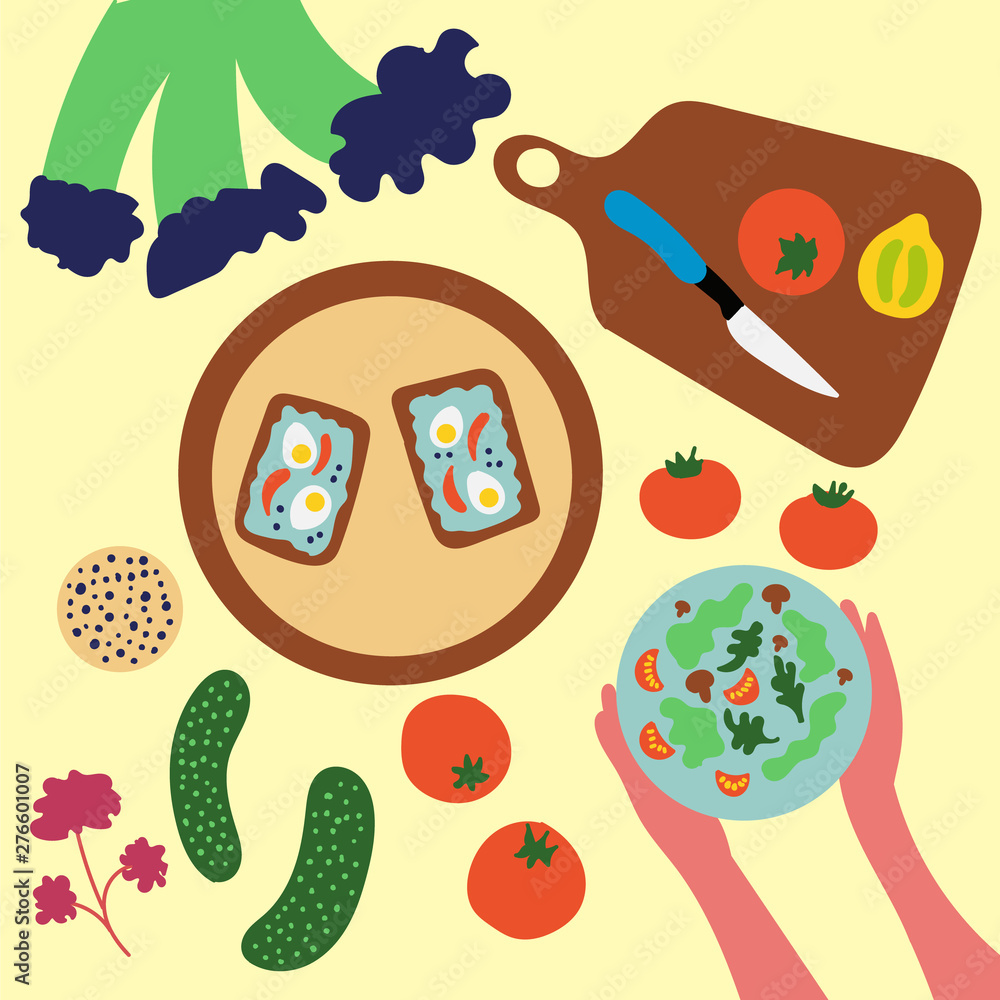 Still life. The table is set with tasty and healthy food. Healthy food. Vector EPS 10 file editable Still life. The table is set with tasty and healthy food. Healthy food. Vector EPS 10 file editable