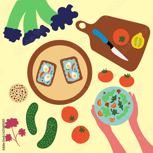 Still life. The table is set with tasty and healthy food. Healthy food. Vector EPS 10 file editable