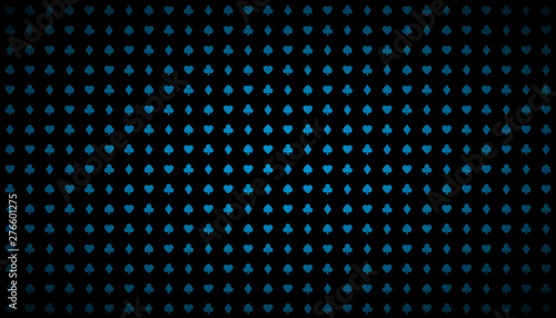 Modern abstract vector casino background with shiny blue playing cards signs, poker symbols on black background, casino symbols, widescreen wallpaper