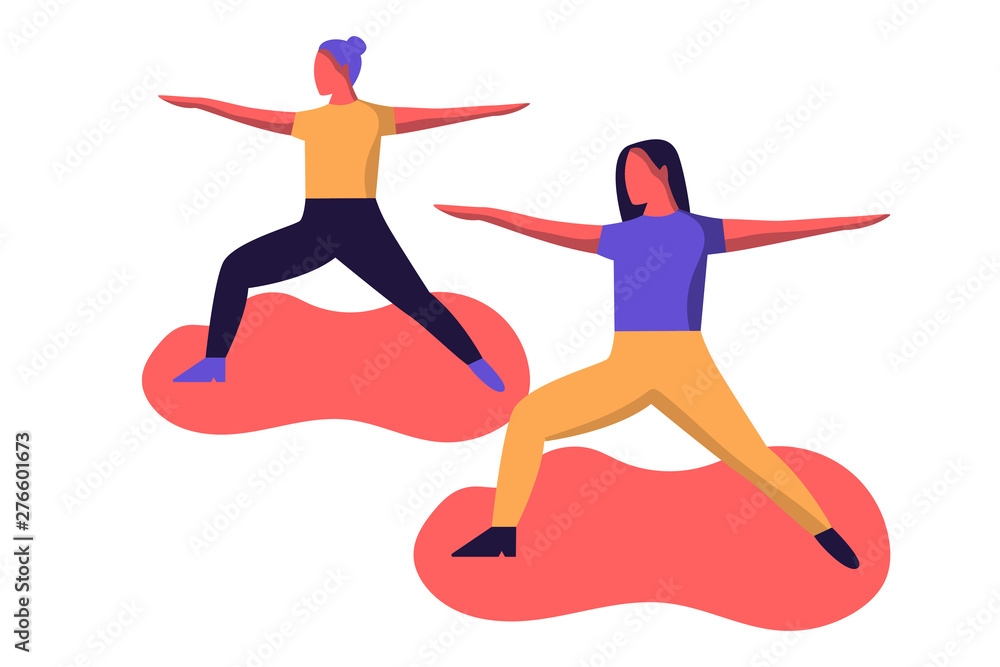 Two woman in yoga poses. Women doing yoga. Warrior two pose. Flat modern vector illustration