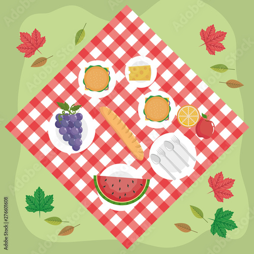 tablecloth with hamburgers and grapes with watermelon and cheese