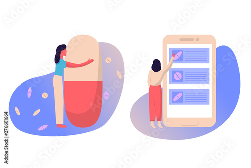 Set of vitamin concepts. Woman hugging capsule, choosing vitamins online. Modern flat vector illustration