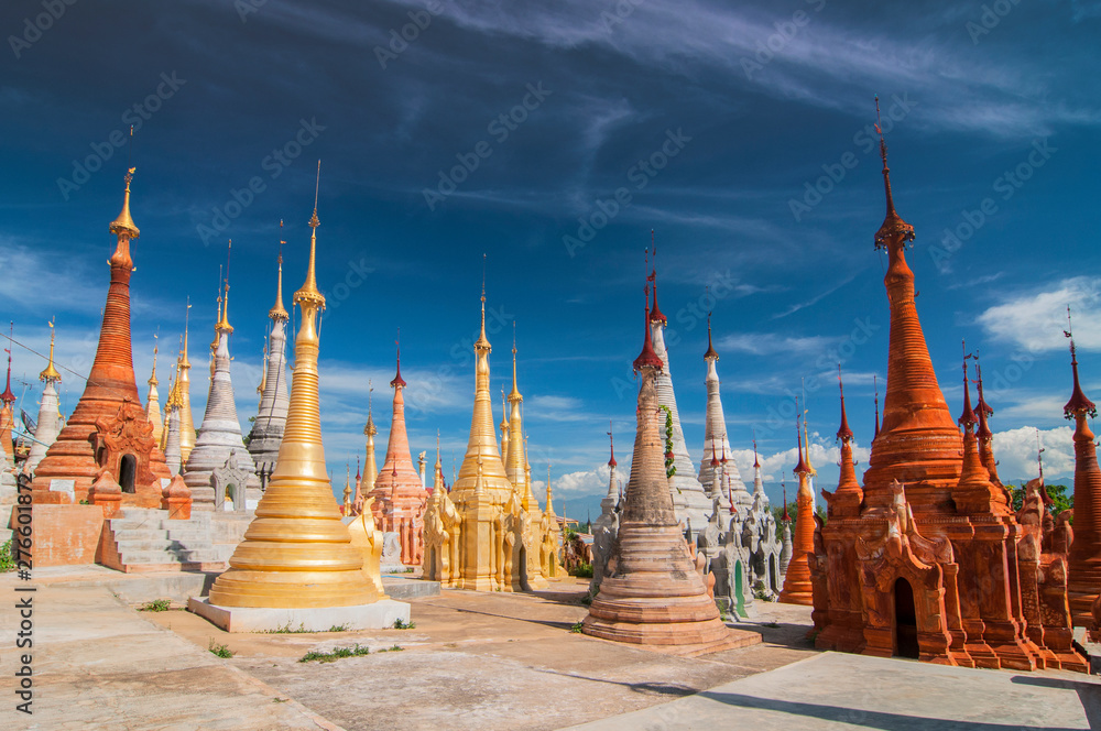 Buddhist stupas of Shwe Inn Thein Paya, pagoda complex, Inthein, Indein, Shan State, Myanmar. Buddhist stupas of Shwe Inn Thein Paya, pagoda complex, Inthein, Indein, Shan State, Myanmar.