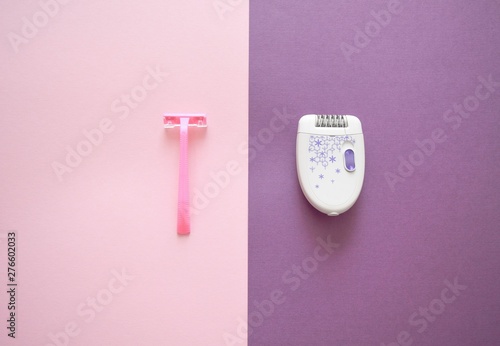 Means for hair removal on a colored background. Modern epilator and razor on a colored background. Removal of unwanted hair. Minimalism, choice, top view, flatlay.