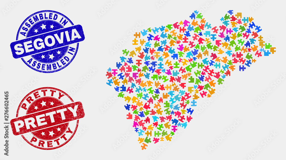 Component Segovia Province map and blue Assembled seal stamp, and Pretty textured seal stamp. Colorful vector Segovia Province map mosaic of plug-in components. Red rounded Pretty seal. Component Segovia Province map and blue Assembled seal stamp, and Pretty textured seal stamp. Colorful vector Segovia Province map mosaic of plug-in components. Red rounded Pretty seal.