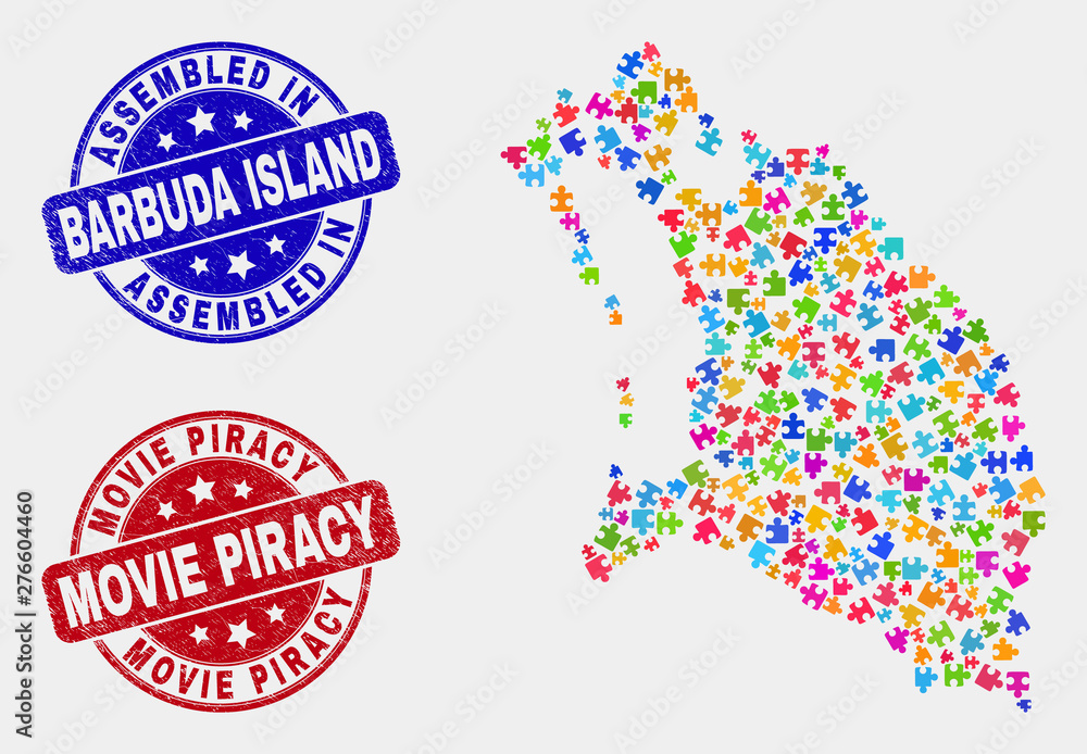 Assemble Barbuda Island map and blue Assembled seal stamp, and Movie Piracy distress seal stamp. Colored vector Barbuda Island map mosaic of plug-in bricks. Red round Movie Piracy seal.