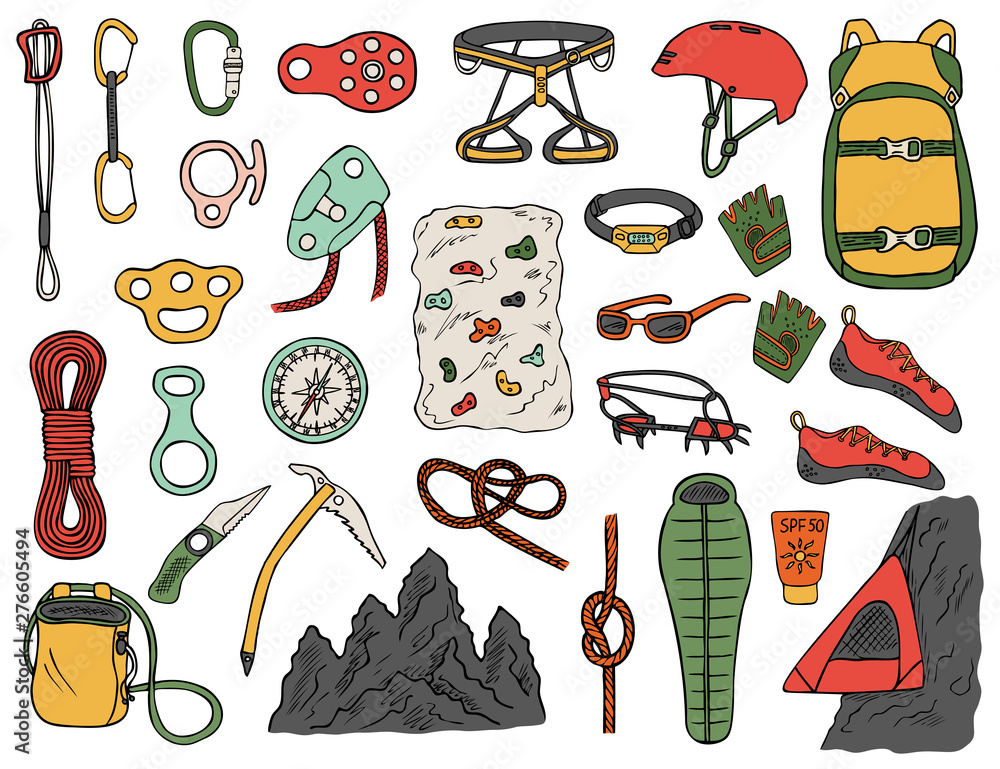 Set of hand-drawn climbing icons isolated on white background. Doodle color  vector illustration of equipment, tools and accessories for alpinism and  mountaineering Stock Vector