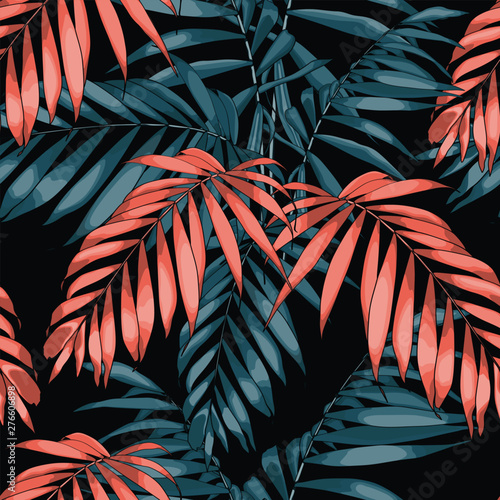 Nature seamless pattern. Hand drawn  tropical summer background: orange and blue palm tree leaves, line art. Black background.